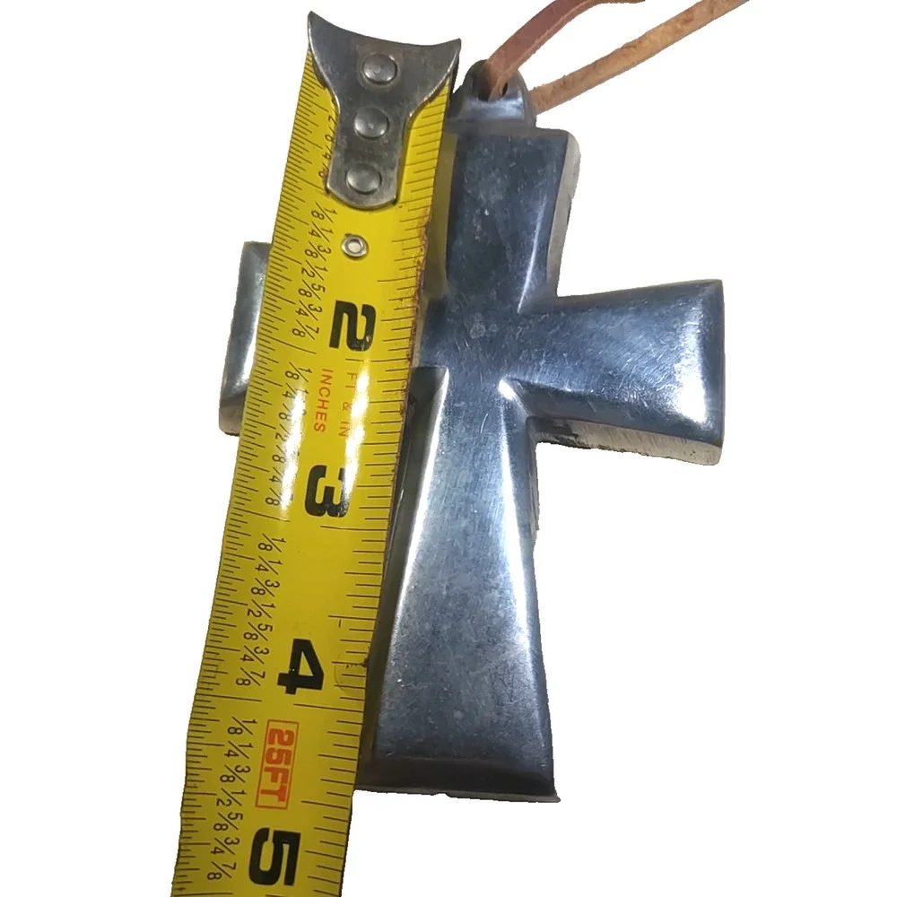Large Heavy Solid Metal Silver Tone Cross Brutalist Leather Strap